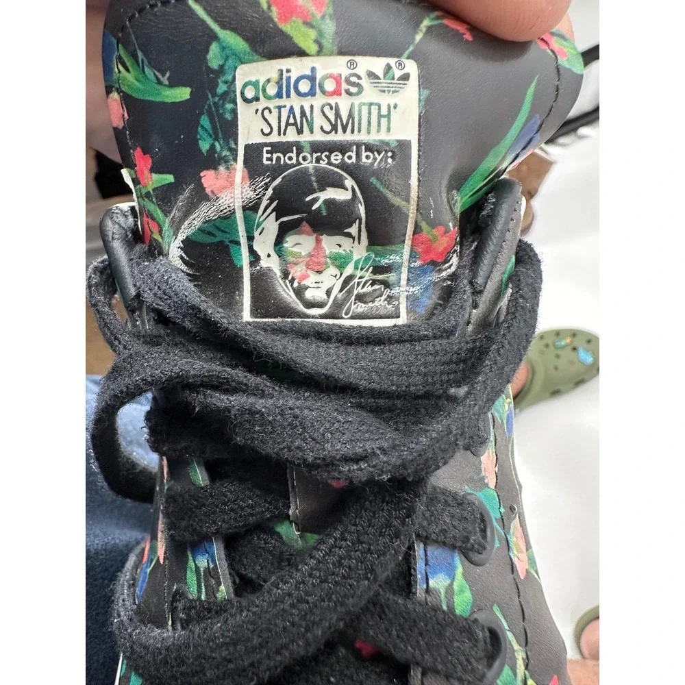 Adidas Original Stan Smith Shoes Women's 7.5 Black Floral‎ Print Sneakers EE4893